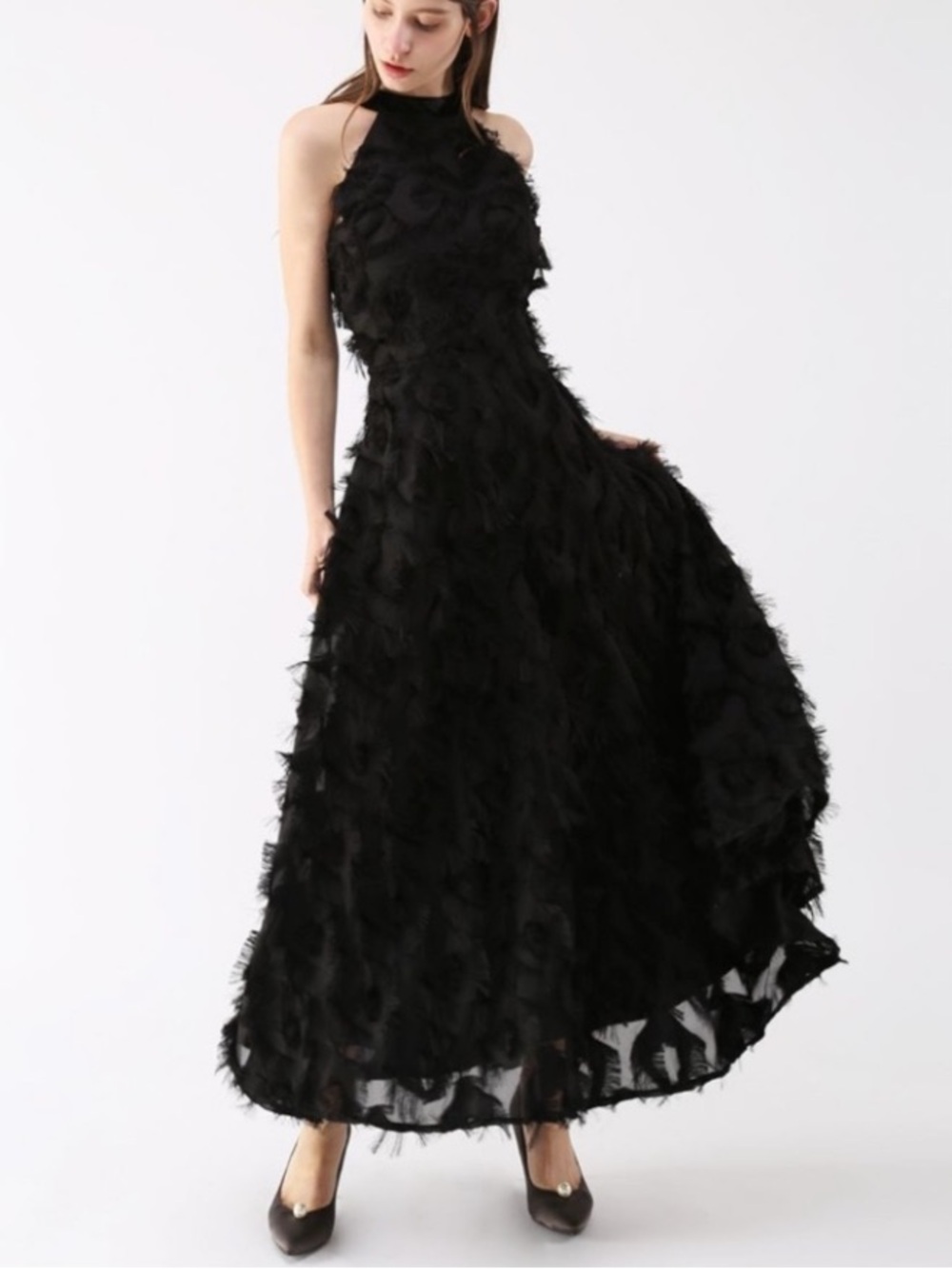 NWT Chicwish DANCING FEATHERS TASSEL HALTER NECK MAXI DRESS IN BLACK
